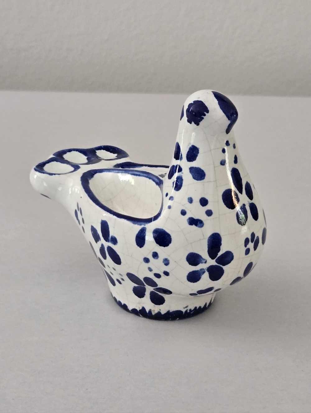 VTG 70s Portugal White Blue Hand Painted Floral Bird Trinket Statue Figurine